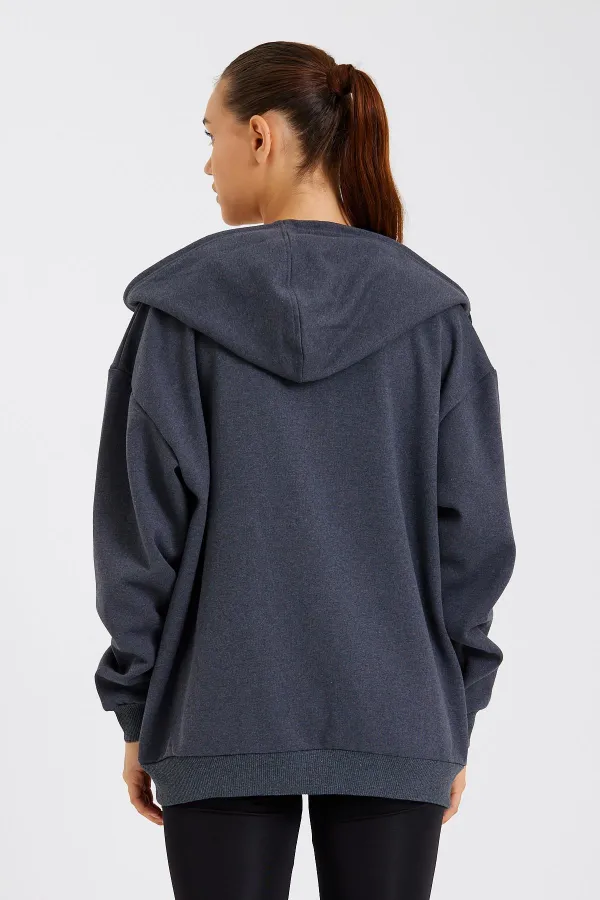 Kadın Kanguru Cepli Kapüşonlu Fermuarlı İçi Polarlı Hırka