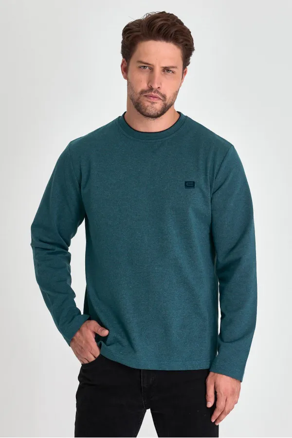 Men's Petroleum Double Crew Neck Print Detail Standard Relaxed Fit Sweatshirt