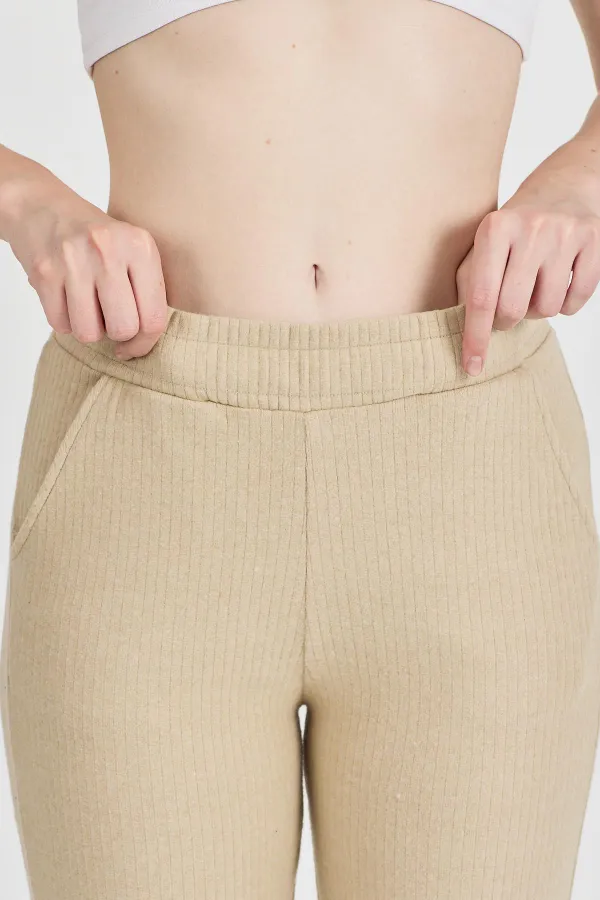 Bej Fitilli Geniş Paça Kaşkorse Yüksek Bel Cepli Kadın Eşofman Altı