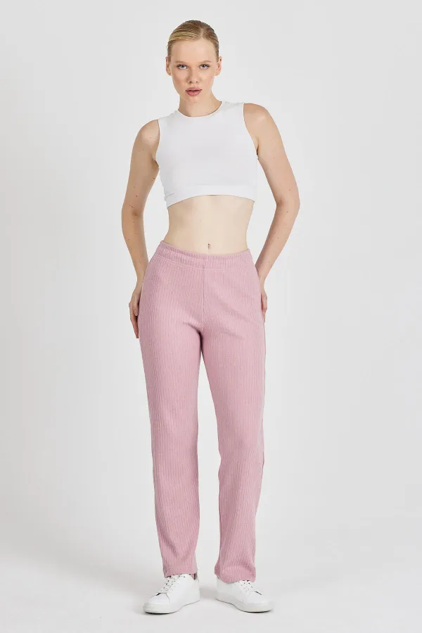 Pantalon de survêtement rose fuchsia côtelé à jambes larges et taille haute pour femme