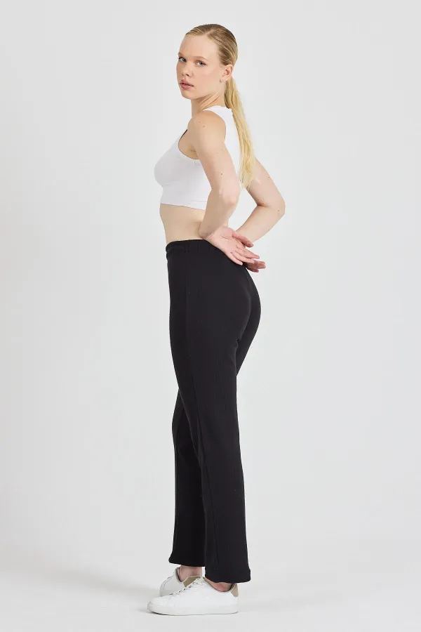 Siyah Fitilli Geniş Paça Pamuklu İnce Yüksek Bel Kadın Eşofman Altı