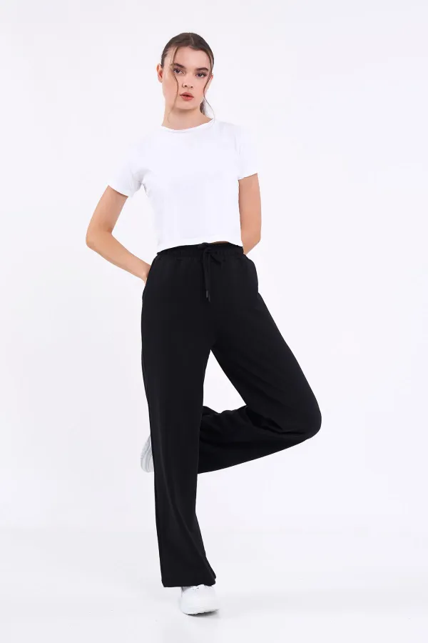 Kadın Mevsimlik Salaş Geniş Rahat Paça Yan Cepli Siyah Eşofman Altı