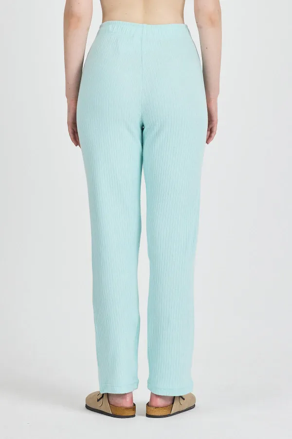 Aqua Green Ribbed Wide Leg Cotton Slim High Waist Women's Sweatpants