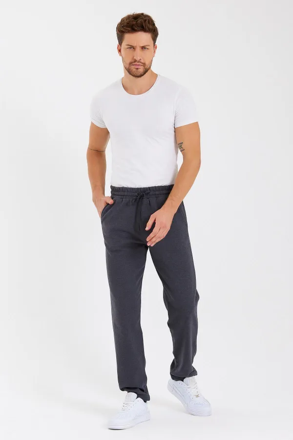 Siyah Arka Cepli Etiket Detaylı Düz Paça Erkek İçi Pamuklu Eşofman Altı