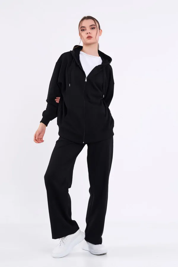 Ensemble de survêtement noir pour femme, coupe classique, taille élastique, capuche, oversize, saisonnier (haut et bas) MTLCB7367