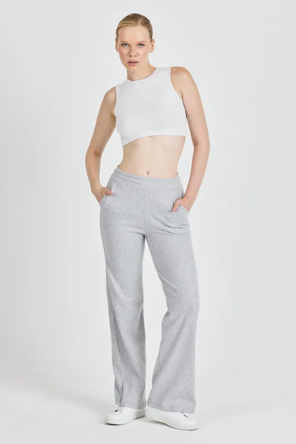 Pantalon de survêtement gris côtelé à jambes larges et taille haute avec poches pour femme