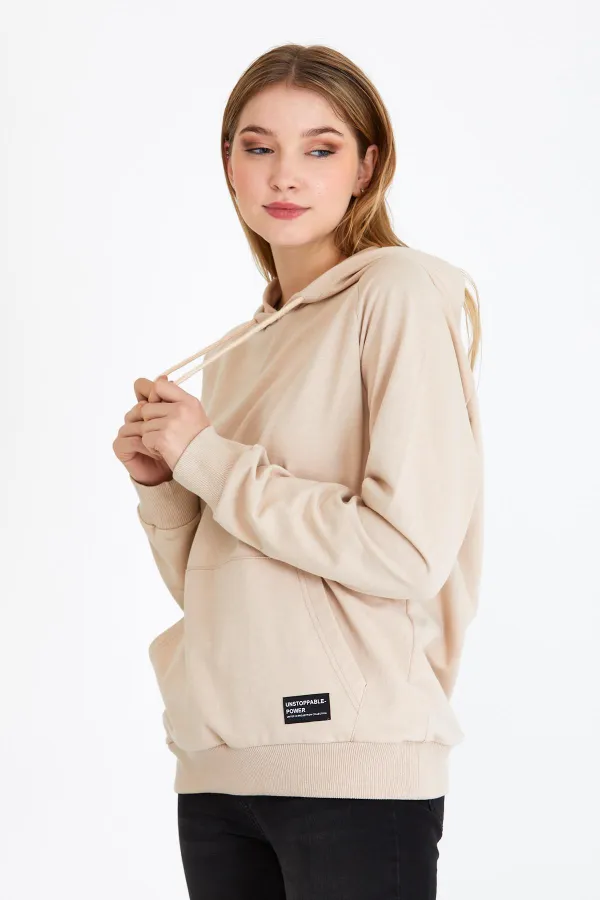Metallic Women's Beige Hooded Basic Knitted Sweatshirt