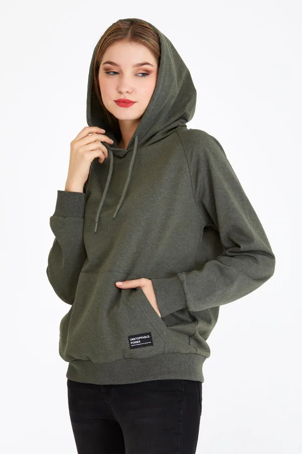 Women's Khaki Color Hooded Basic Knitted Sweatshirt