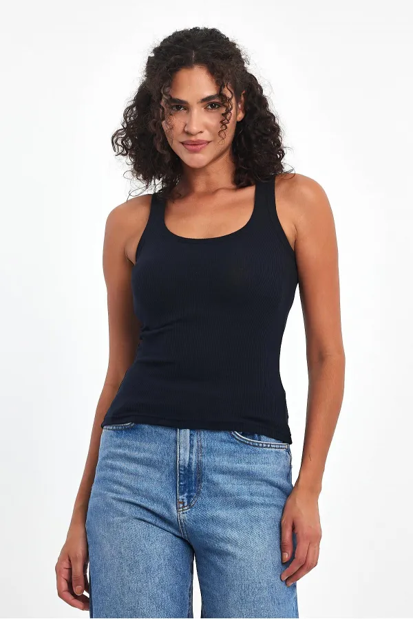 Kadın Lacivert Fitilli Görünümlü Askılı Kalın Basic Atlet