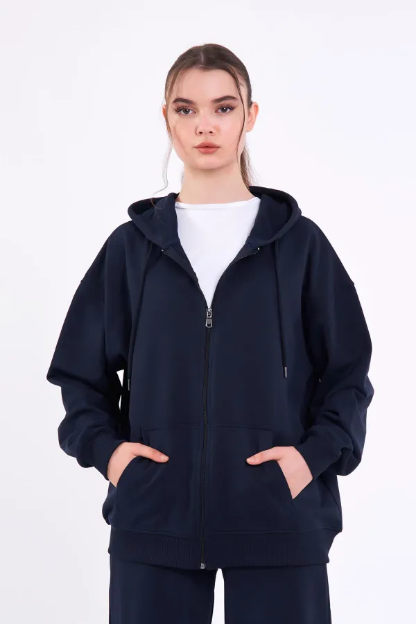 Ensemble de survêtement oversize bleu marine pour femme, coupe classique, taille élastique, capuche (haut et bas).