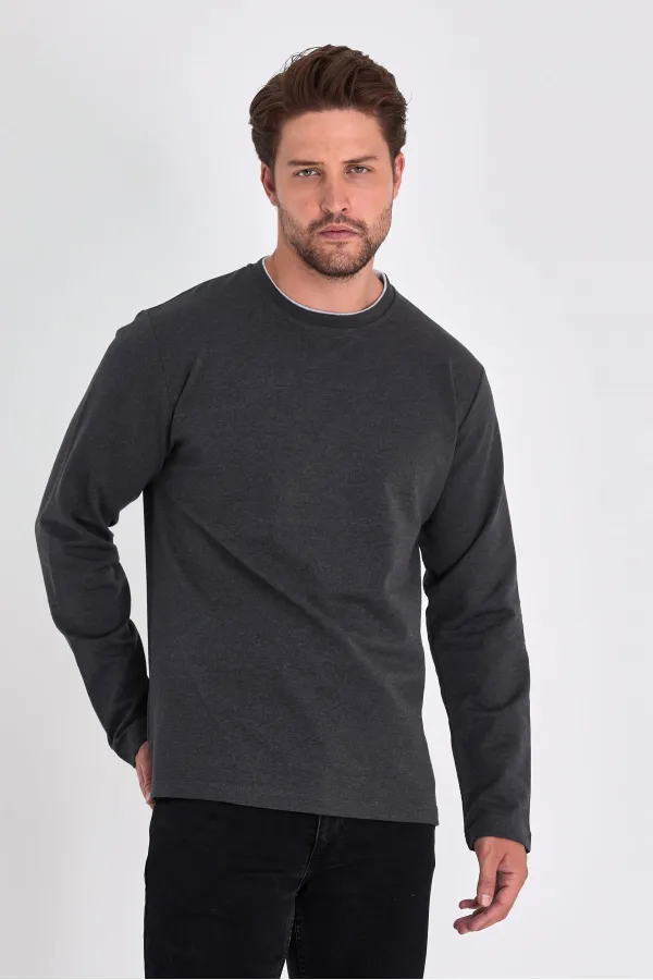 Erkek Antrasit Çift Bisiklet Yaka Standart Rahat Kesim Sweatshirt