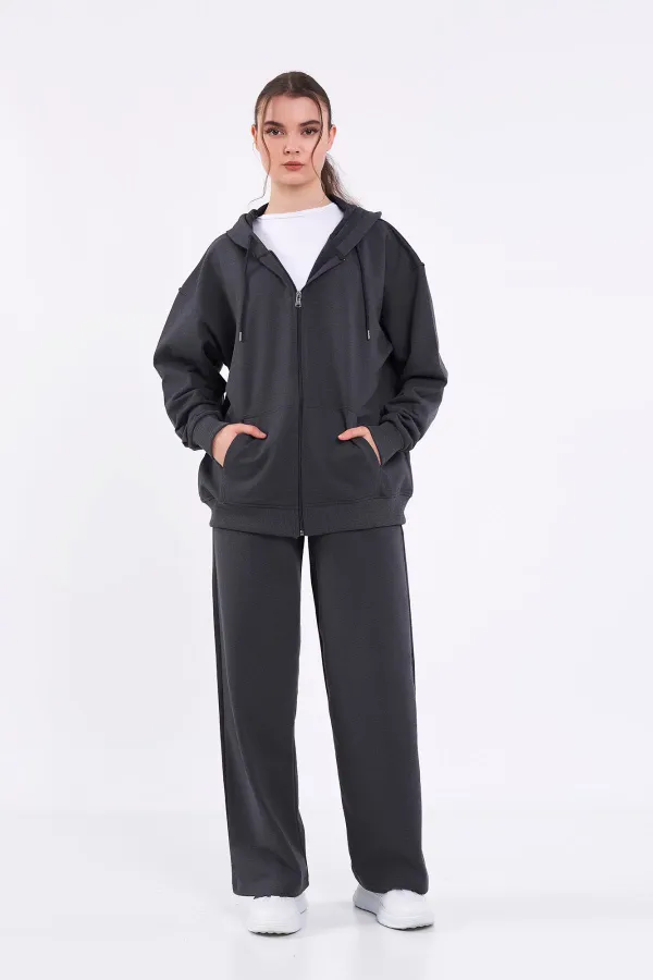 Ensemble de survêtement oversize à capuche pour femme, coupe classique anthracite, taille élastique, style saisonnier (haut et bas)