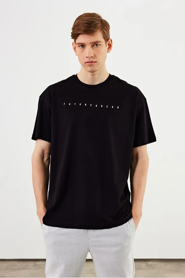 MTLCE76 Leo Men's Oversize T-shirt, 100% Cotton, Crew Neck, Printed Detail Basic T-shirt