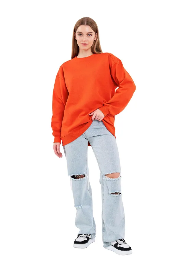 Sweat-shirt basique oversize en coton orange pour femme, col rond.