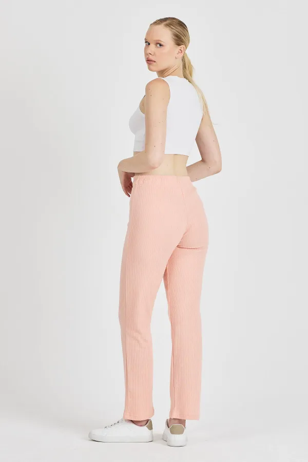 Pantalon de survêtement rose pâle côtelé, jambes larges, en coton fin, taille haute, pour femme