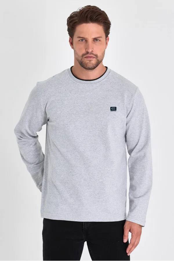 Men's Grey Double Crew Neck Sweatshirt with Print Detail, Standard Relaxed Fit