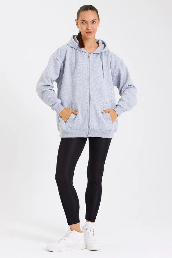 Kadın Kanguru Cepli Kapüşonlu Fermuarlı İçi Polarlı Hırka