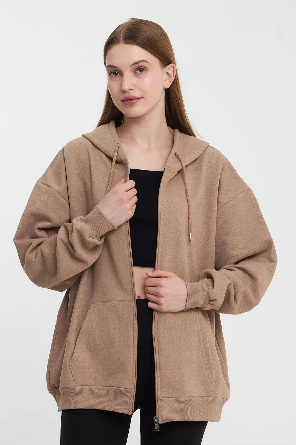 Kadın Kanguru Cepli Kapüşonlu Fermuarlı İçi Polarlı Hırka