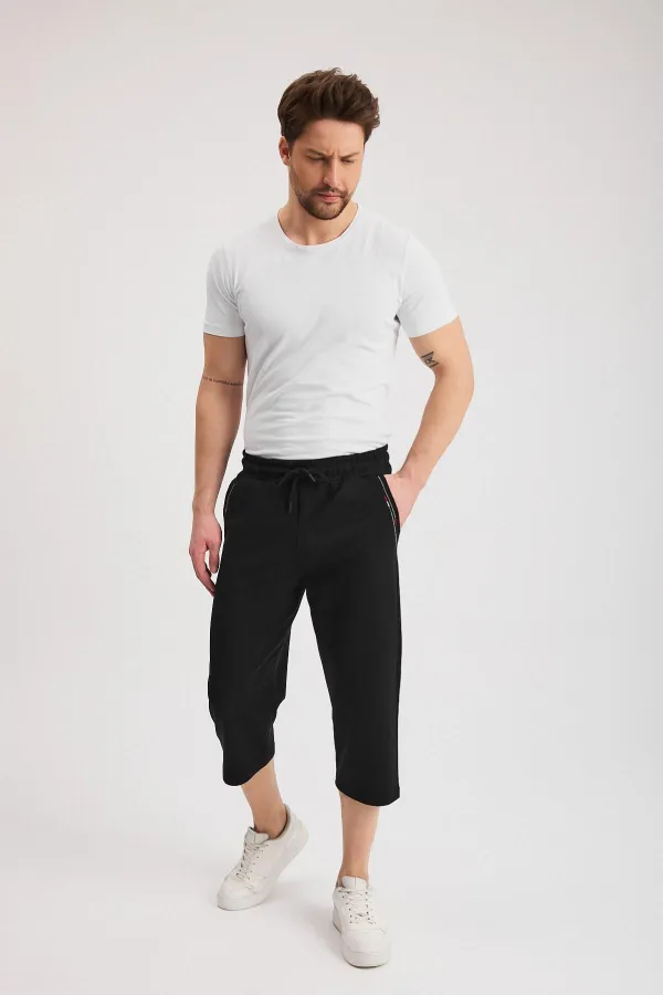 Short bermuda noir pour homme, longueur genou, style capri, avec poches latérales et taille élastique ajustable MTLCE108