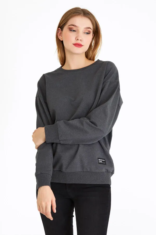 Women's Anthracite Color Basic Crew Neck Sweatshirt