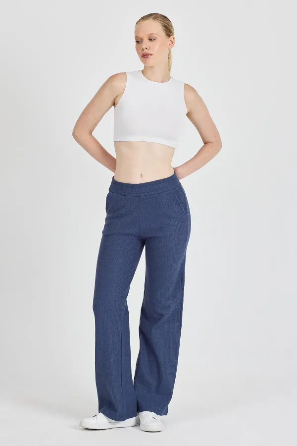 Pantalon de survêtement indigo côtelé à jambes larges et taille haute avec poches pour femme