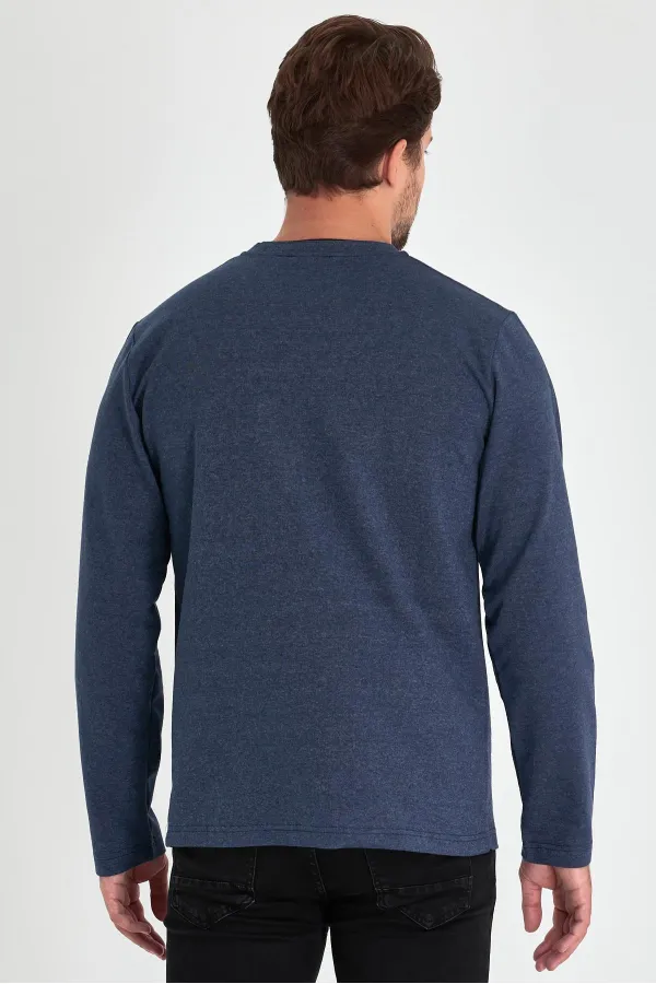 Erkek İndigo Çift Bisiklet Yaka Baskı Detaylı Standart Rahat Kesim Sweatshirt