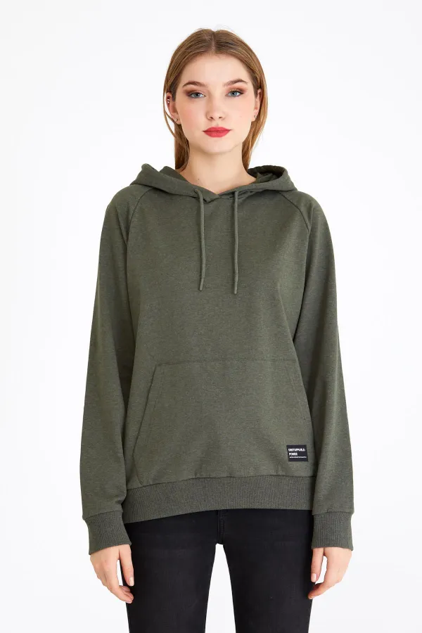 Women's Khaki Color Hooded Basic Knitted Sweatshirt