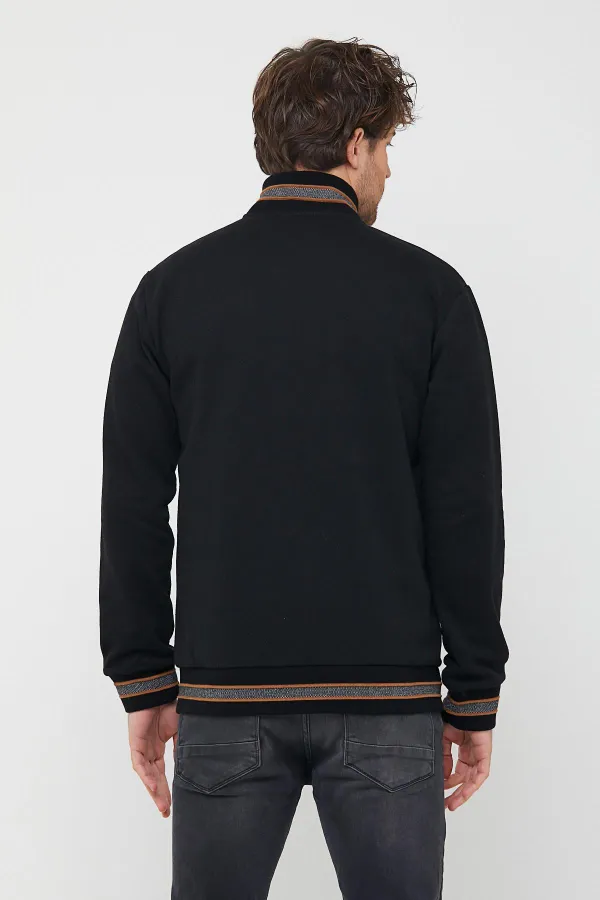 Erkek Siyah Regular Fit Dik Yaka Fermuarlı Uzun Kollu Hırka