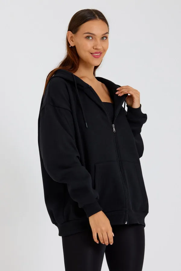 Gilet polaire zippé à capuche avec poche kangourou pour femme