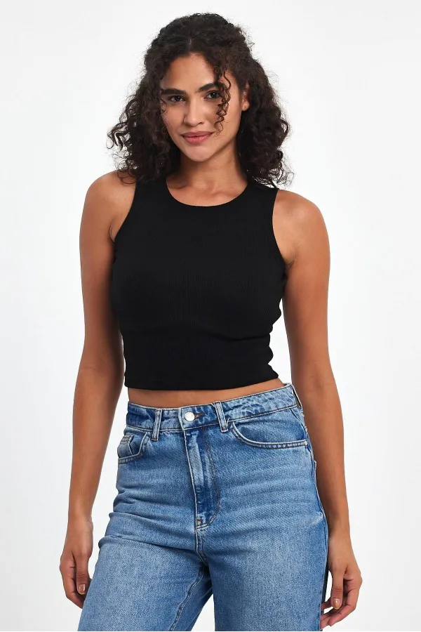 Kadın Siyah Fitilli Görünümlü Askılı Kalın Basic Atlet Bluz