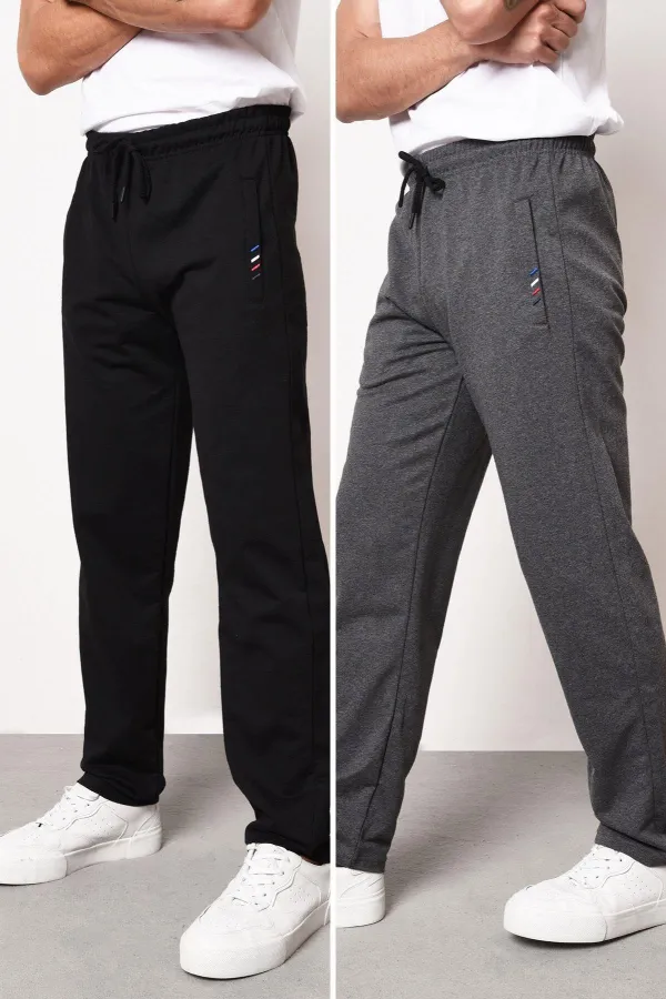 Siyah-Antrasit Erkek Fermuar Cep Nakış Detaylı Düz Paça Rahat Kesim 2'li Eşofman Altı Paketi