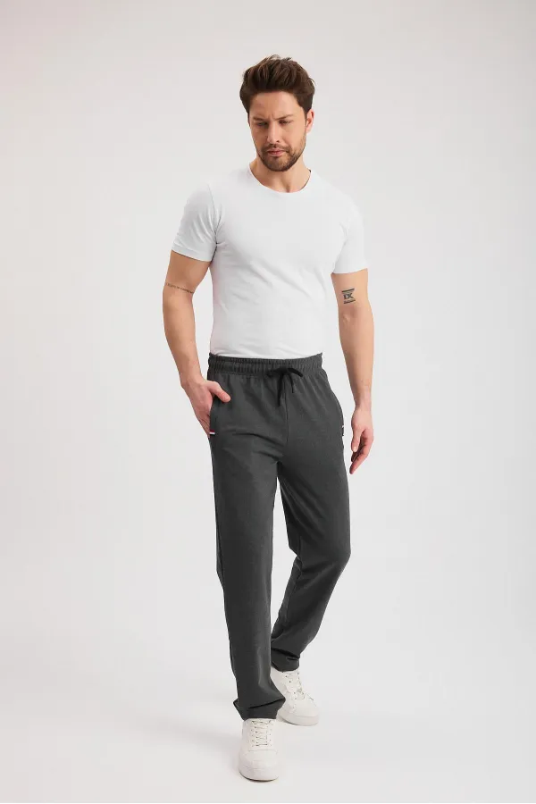 Antrasit Erkek Fermuarlı Cepli Nakış Detaylı Düz Paça Rahat Kesim Günlük Eşofman Altı