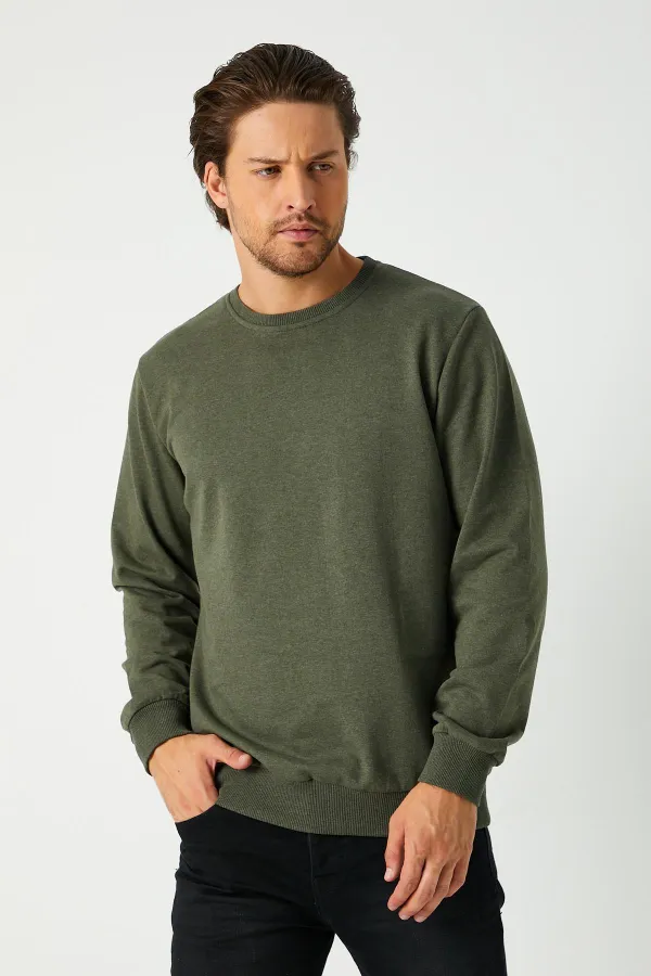 Erkek Basic Bisiklet Yaka Haki Sweatshirt 