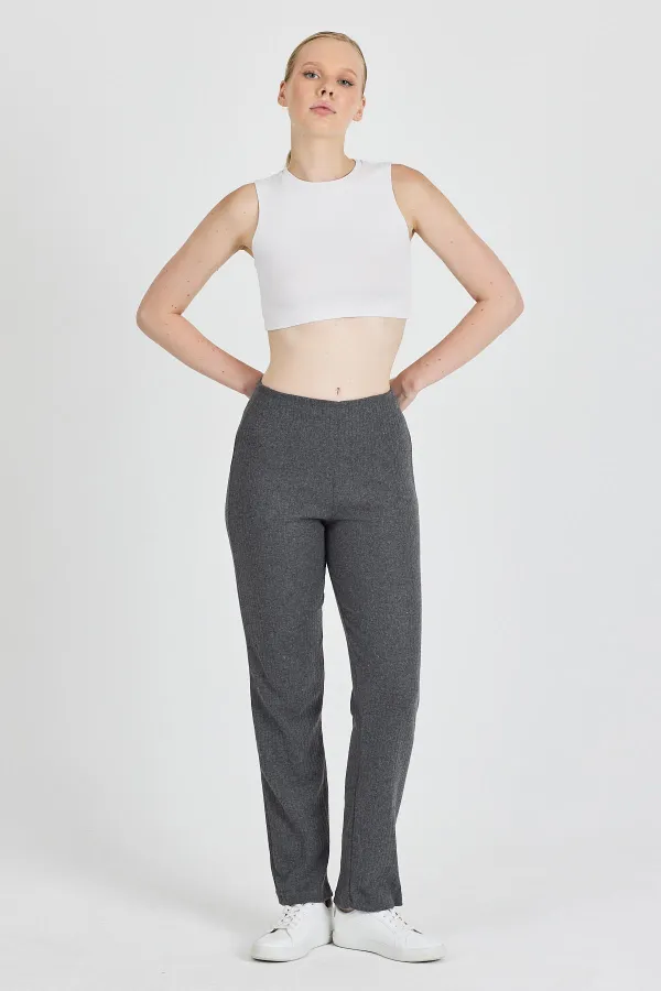 Füme Fitilli Geniş Paça Pamuklu İnce Yüksek Bel Kadın Eşofman Altı