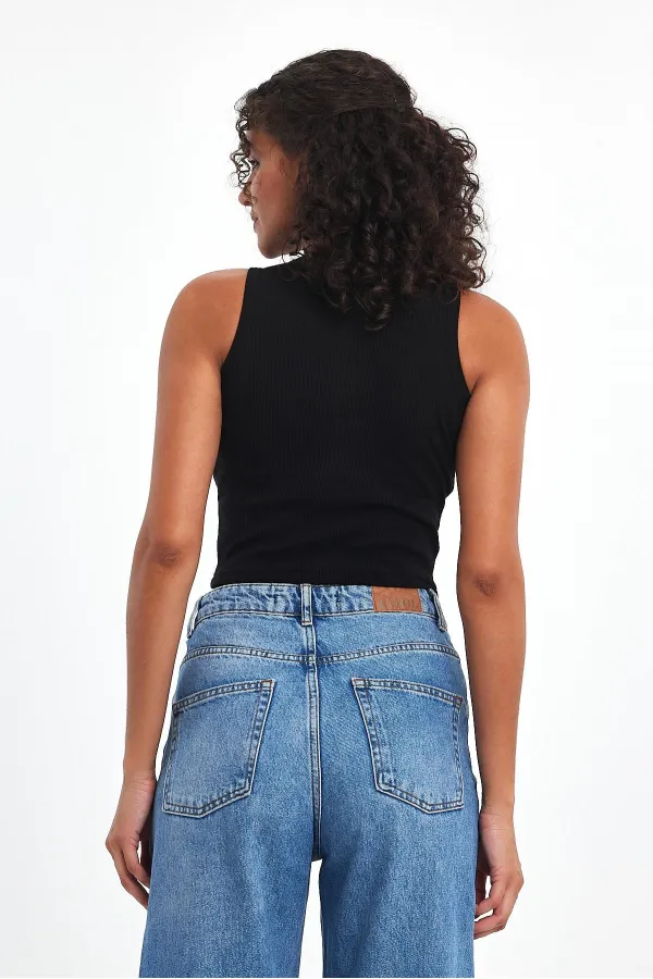 Kadın Siyah Fitilli Görünümlü Askılı Kalın Basic Atlet Bluz