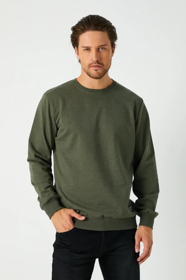 Erkek Basic Bisiklet Yaka Haki Sweatshirt 