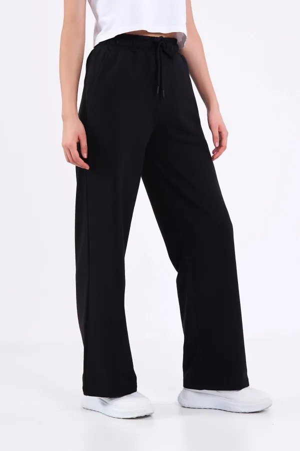 Kadın Mevsimlik Salaş Geniş Rahat Paça Yan Cepli Siyah Eşofman Altı