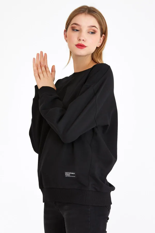 Women's Black Color Basic Crew Neck Sweatshirt