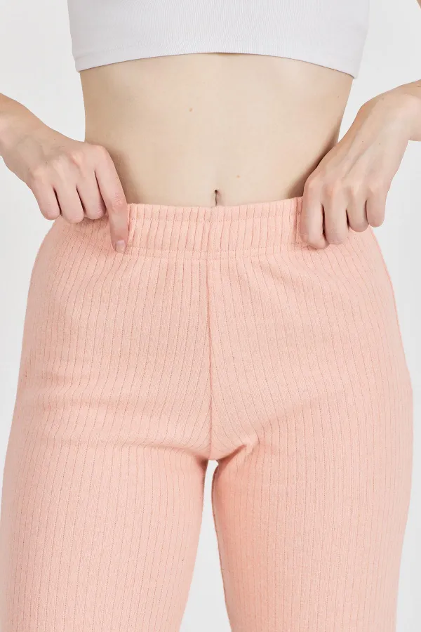 Pantalon de survêtement rose pâle côtelé, jambes larges, en coton fin, taille haute, pour femme