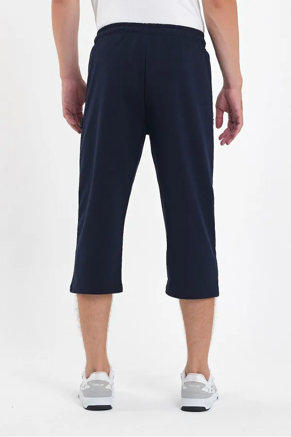 Erkek Cepleri Fermuarlı Lacivert Bermuda Diz Altı Kapri Beli Ayarlanabilir Lastikli Uzun Şort 