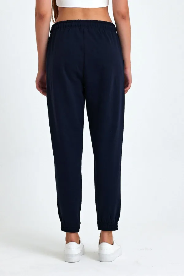 Lacivert Pamuklu Paçası Lastikli Rahat Kalın Jogger Cepli Kadın Eşofman Altı
