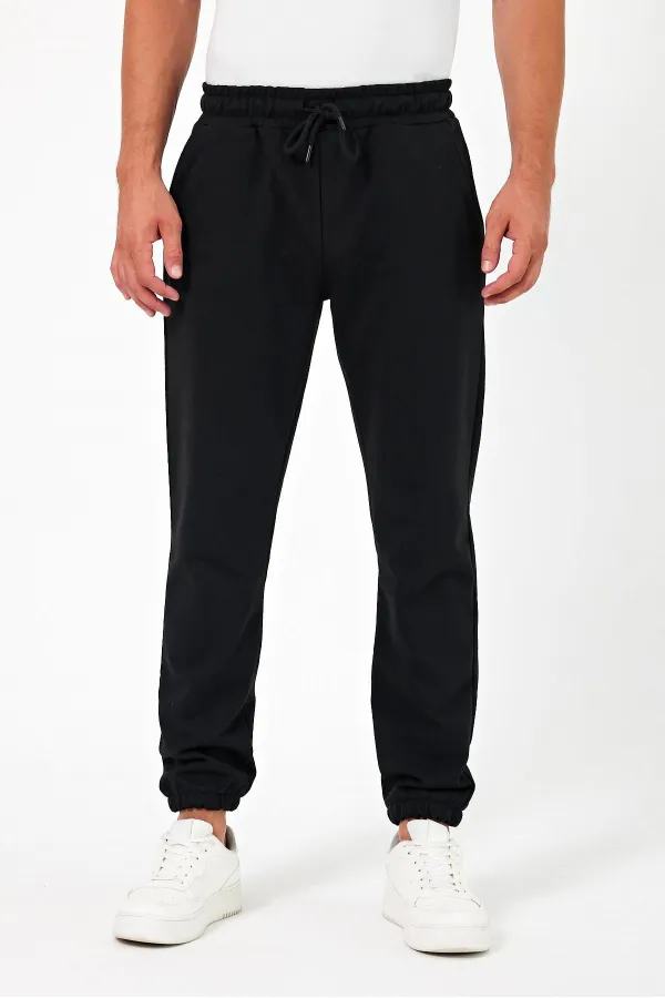 Kalın Siyah-Antrasit Erkek 2'li Eşofman Altı Jogger Arka Cepli Lastik Paça Regular Fit Şardonsuz