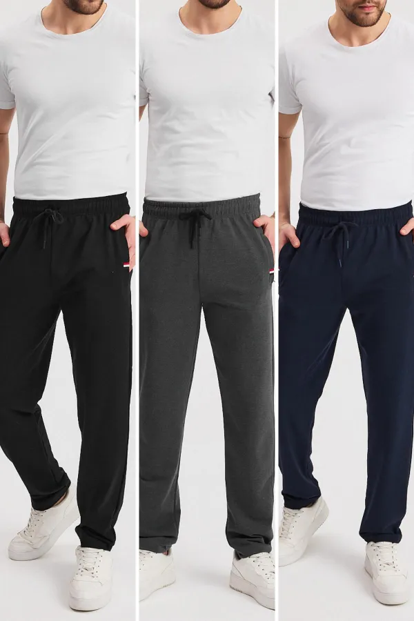 Siyah-Lacivert-Antrasit Erkek Fermuarlı Cepli Nakış Detaylı Düz Paça Rahat Kesim Günlük 3'lü Eşofman Altı