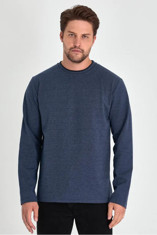 Sweat-shirt homme indigo à col rond double, coupe décontractée standard