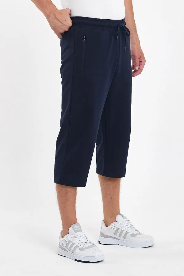 Erkek Cepleri Fermuarlı Lacivert Bermuda Diz Altı Kapri Beli Ayarlanabilir Lastikli Uzun Şort 