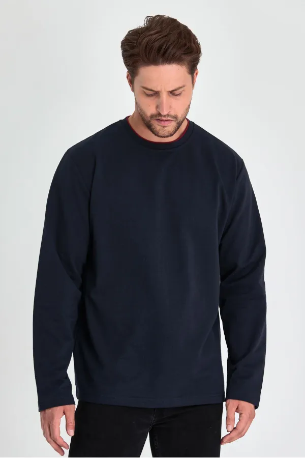 Sweat-shirt homme bleu marine à col rond double, coupe standard décontractée MTLCE68-BLEU NAVY