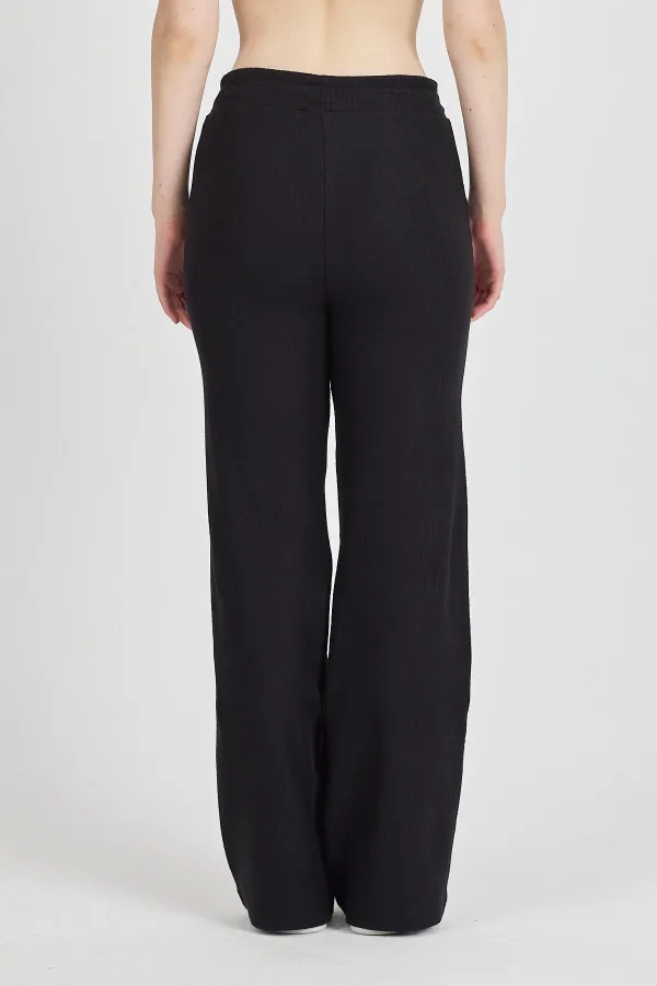 Siyah Fitilli Geniş Paça Kaşkorse Yüksek Bel Cepli Kadın Eşofman Altı