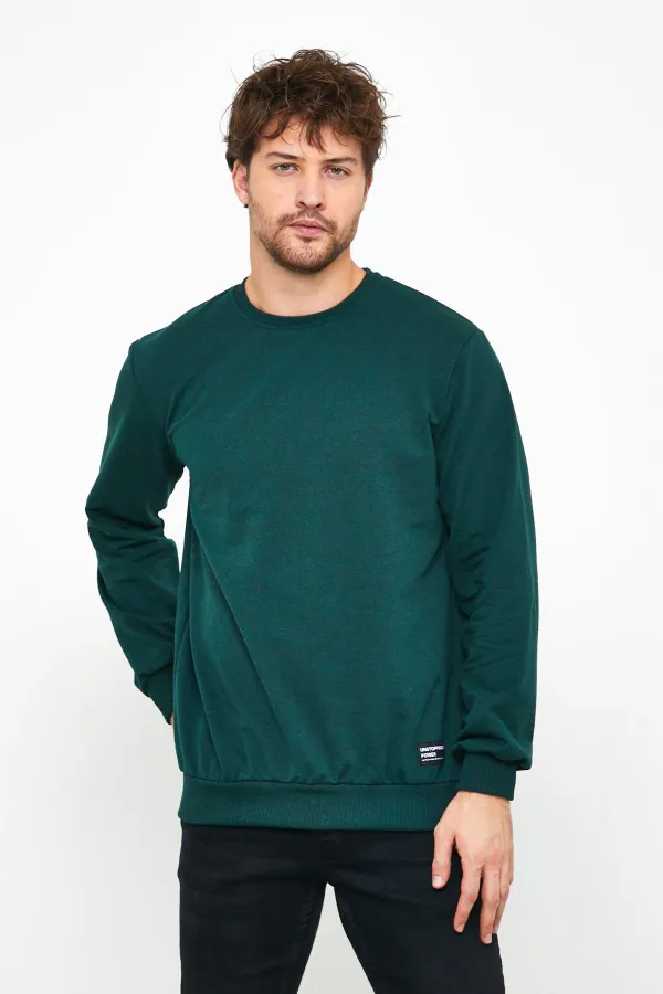 Erkek Koyu Yeşil Basic Bisiklet Yaka Sweatshirt 
