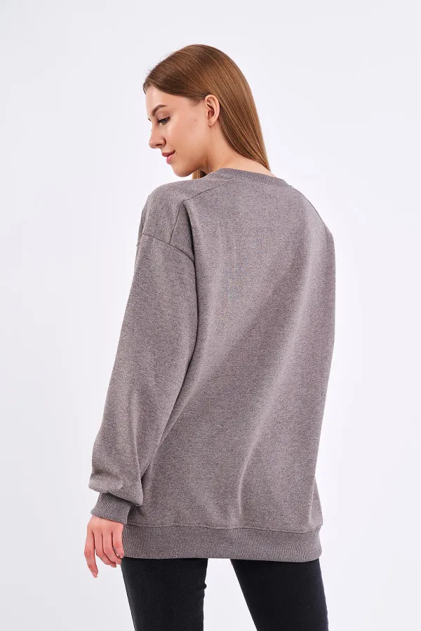Kahve Kadın Pamuklu Oversize Basic Bisiklet Yaka Sweatshirt