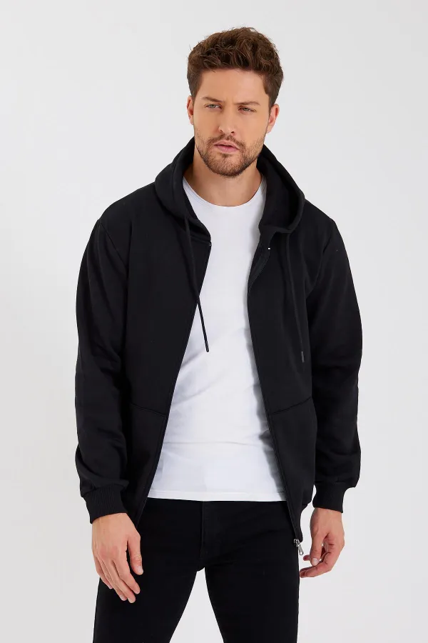 Gilet à capuche zippé noir métallisé pour homme avec poche kangourou et doublure en coton